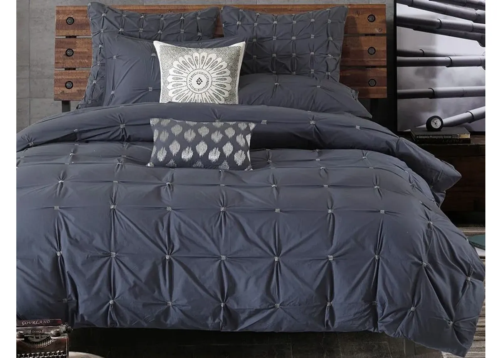 Olliix by INK+IVY 3 Piece Navy Full/Queen Masie Elastic Embroidered Cotton Comforter Set