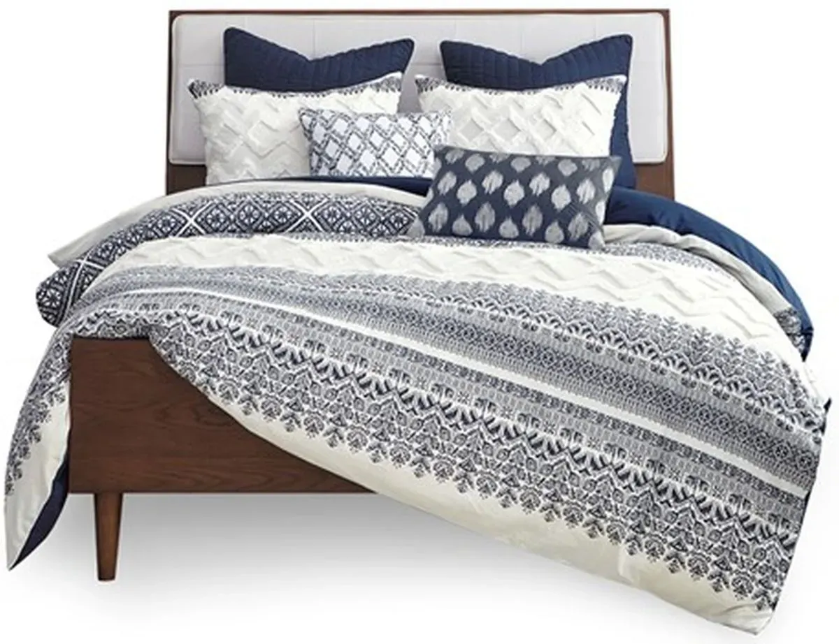 Olliix by INK+IVY Navy King/California King Mila Cotton Printed Duvet Cover Set