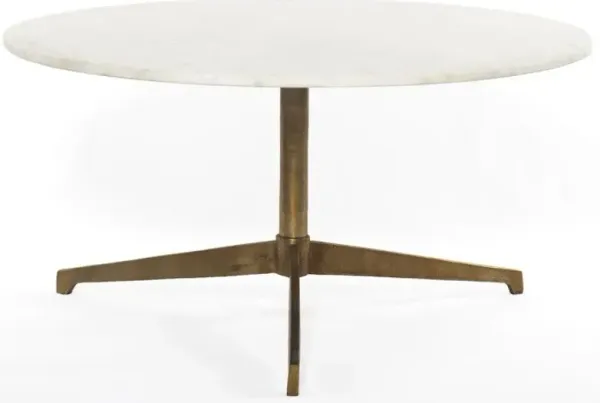 Four Hands Helen Polished White Round Coffee Table with Raw Brass Base