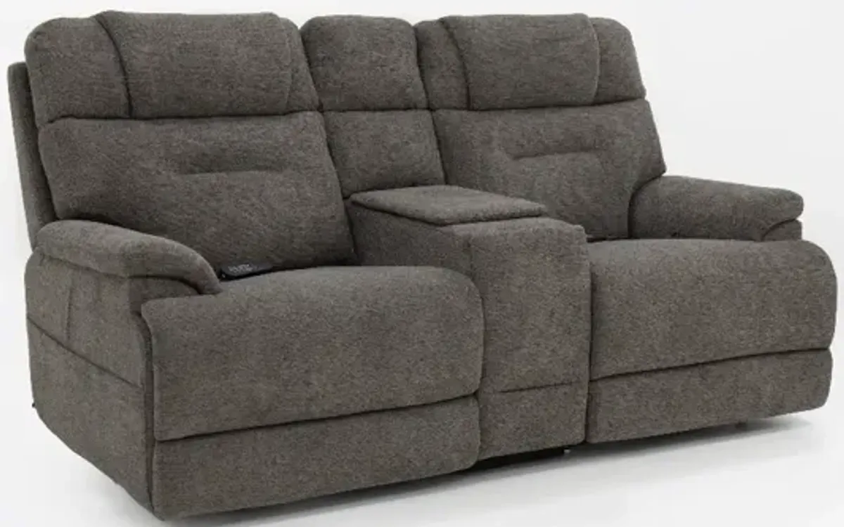 Flexsteel® Zofa Umber Power Reclining Sleep Console Loveseat Power Headrests and Lumbar