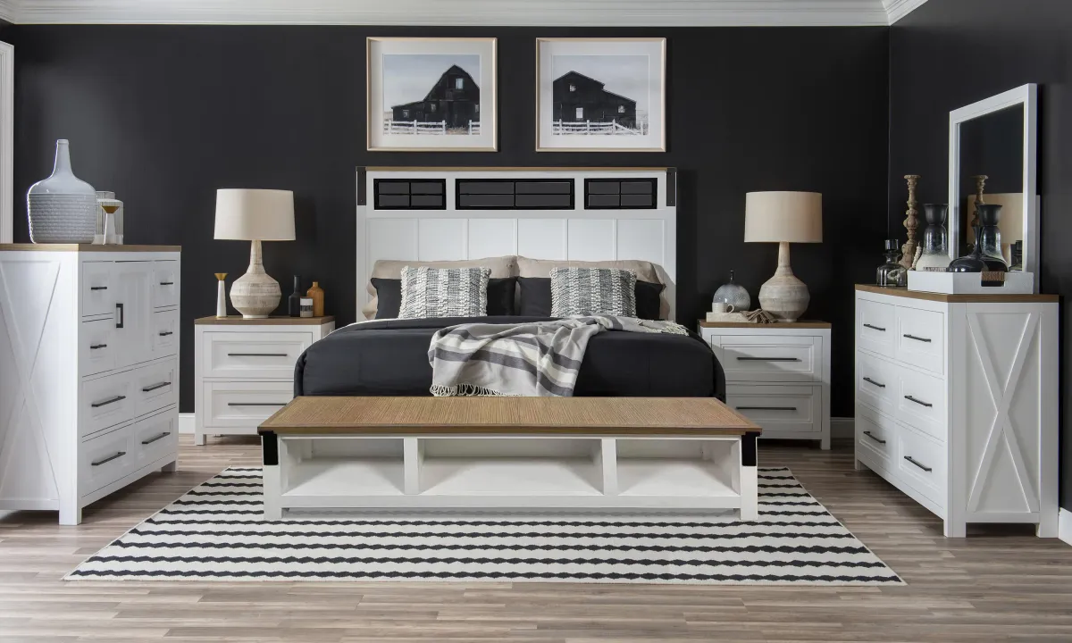 Legacy Classic Franklin Natural White Painted King Window Panel Bed with Two-Tone Storage Bench