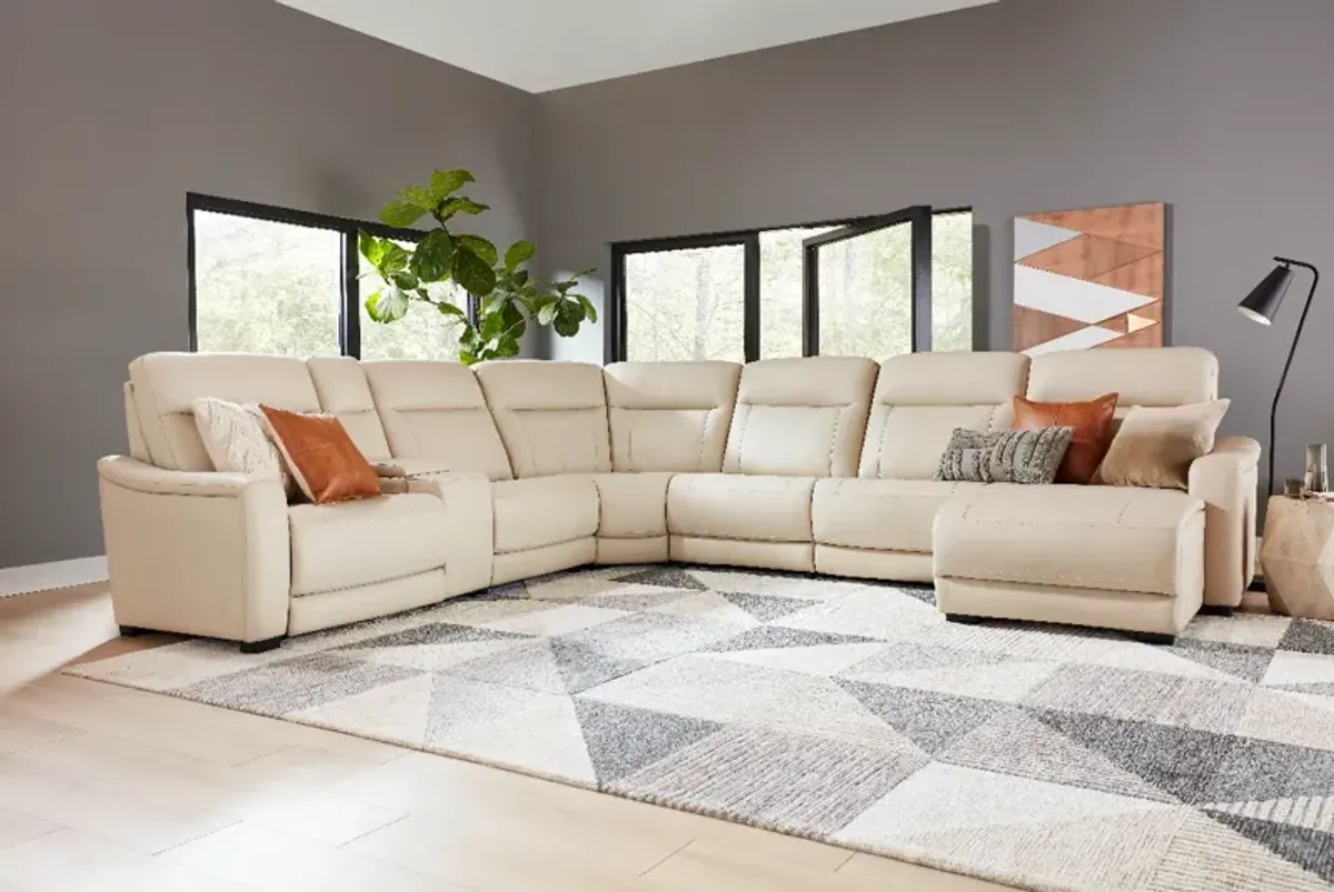 Drew & Jonathan Home Almond Leather Power Reclining 7pc Chaise Sectional P35981354