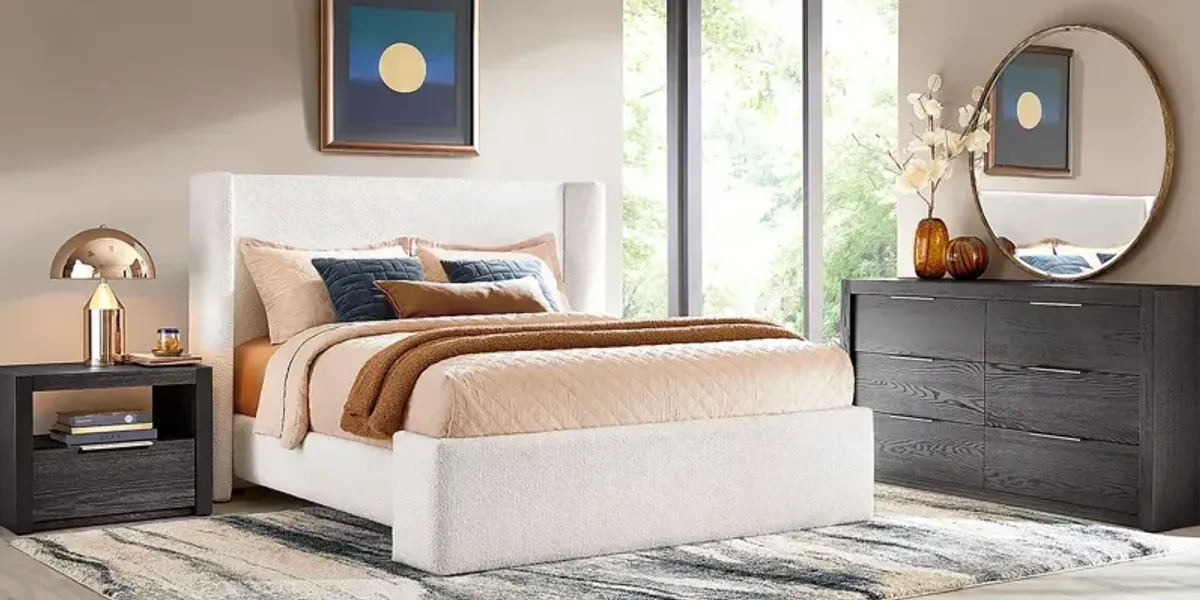 Alexandra Home Bodhi Queen Upholstered Bed with Midnight Dresser and Mirror