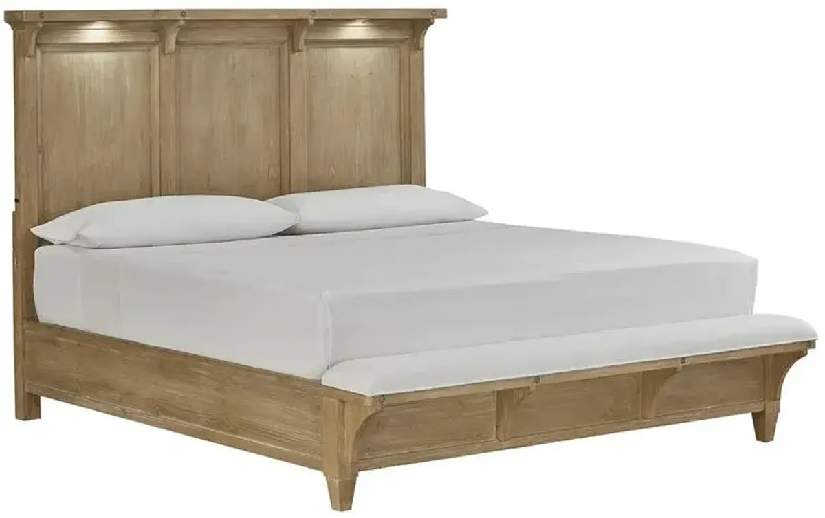 Magnussen Lynnfield King Panel Bed with Lighted Headboard and Upholstered Bench Footboard