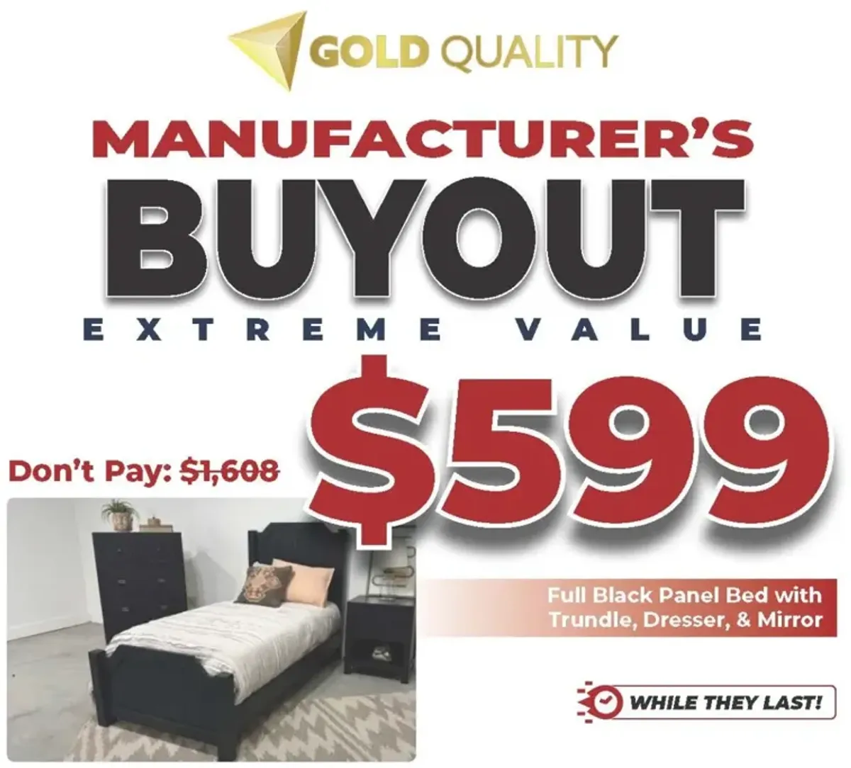 Progressice Furniture Black Full Size Trundle Bed with Dresser and Mirror