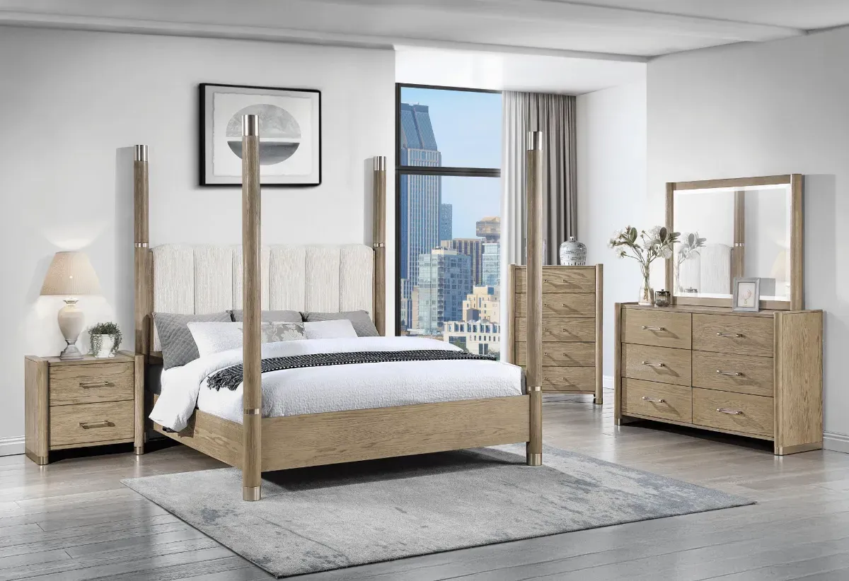 Global Furniture USA Santo Brown 3pc Queen Upholstered Poster Bedroom Group PLUS FREE Matching Drawer Chest