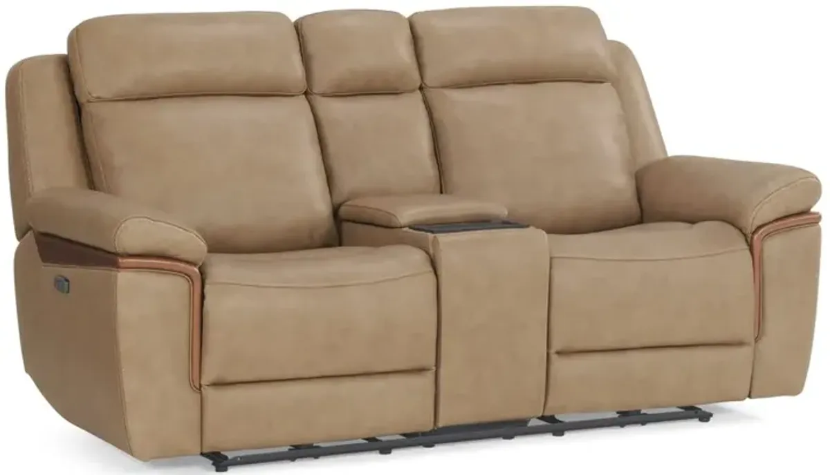 Kate Preston Home Sand Leather Power Reclining Console Loveseat with Zero Gravity