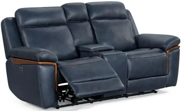 Kate Preston Home Navy Leather Power Reclining Console Loveseat with Zero Gravity