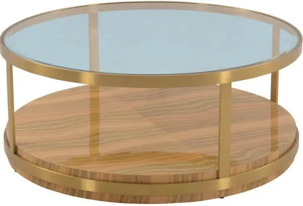Armen Living Hattie Glass Top Coffee Table with Gold Frame and Light Brown Base