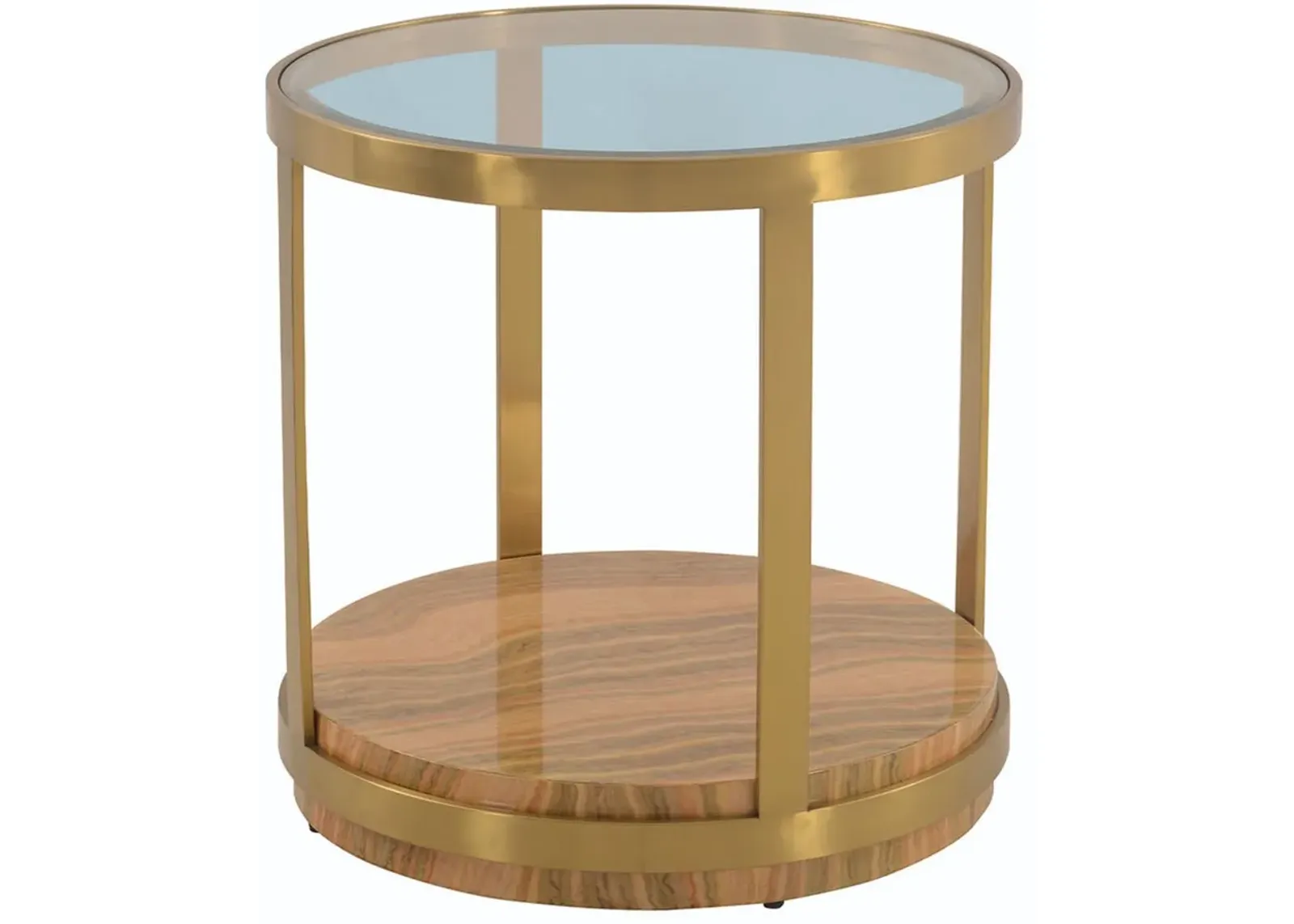 Armen Living Hattie Glass Top End Table with Gold Frame and Light Brown Base 