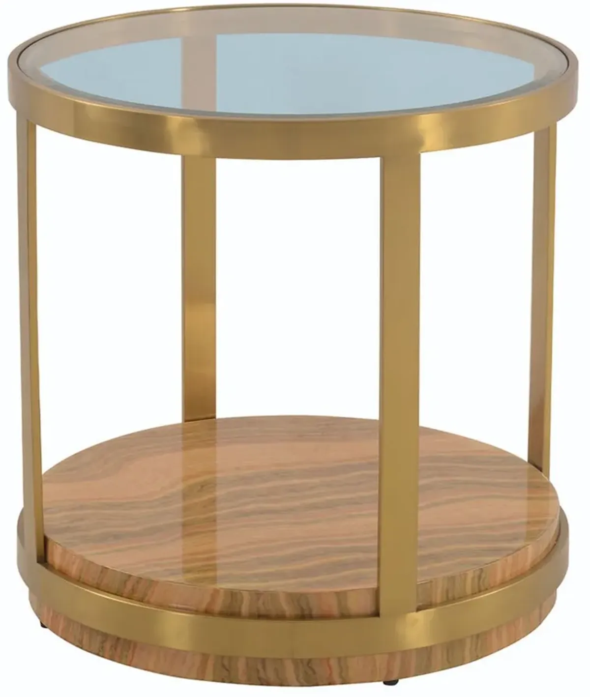 Armen Living Hattie Glass Top End Table with Gold Frame and Light Brown Base 