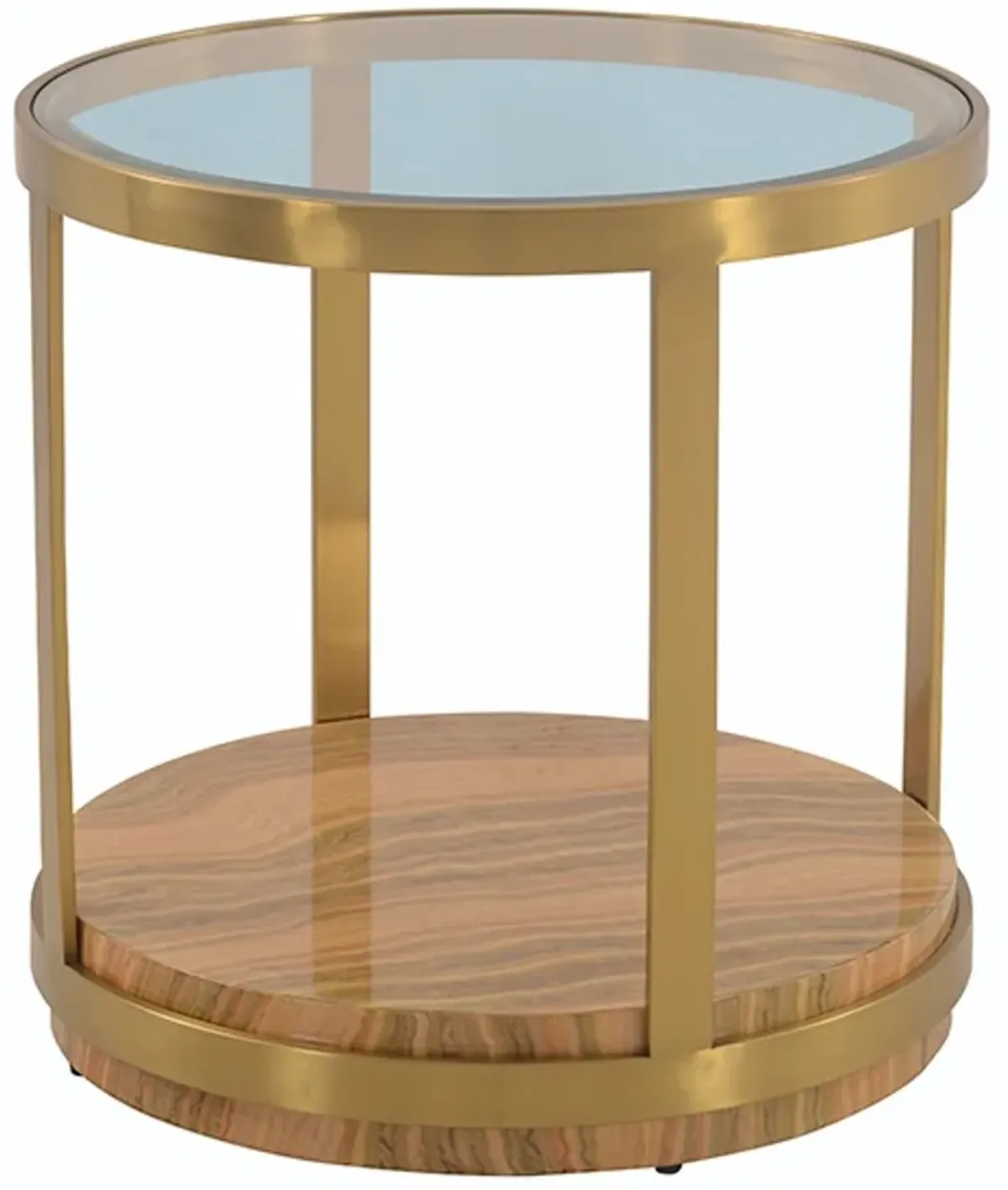 Armen Living Hattie Glass Top End Table with Gold Frame and Light Brown Base 