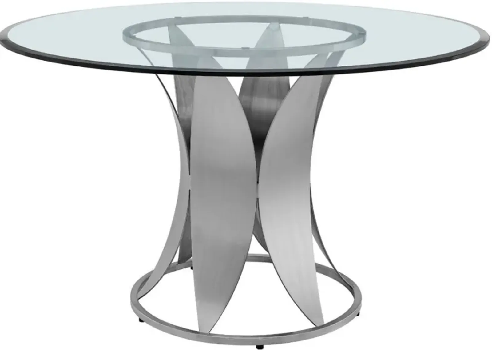 Armen Living Petal Glass Top Round Pedestal Dining Table with Stainless Steel Base