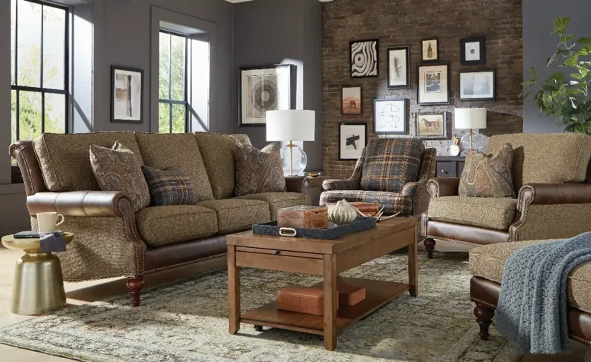 Craftmaster Leather Fabric Sofa with Nailhead Trim
