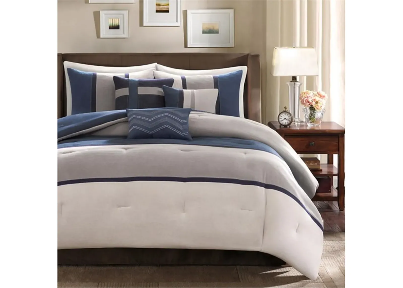 Olliix by Madison Park Blue Queen Palisades 7 Piece Faux Suede Comforter Set