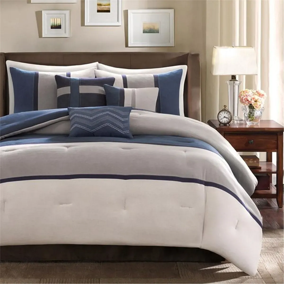 Olliix by Madison Park Blue Queen Palisades 7 Piece Faux Suede Comforter Set