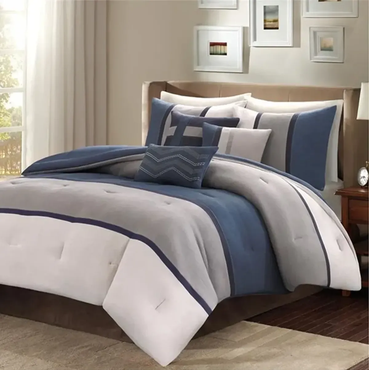 Olliix by Madison Park Blue California King Palisades 7 Piece Faux Suede Comforter Set