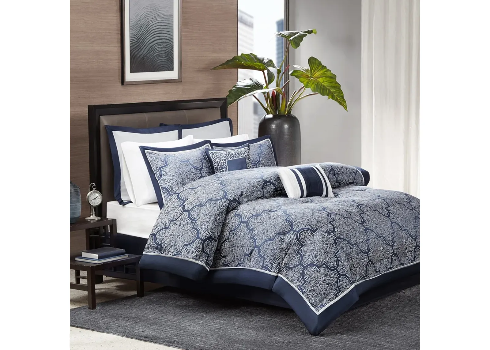 Olliix by Madison Park Medina 8 Piece Navy Queen Jacquard Comforter Set