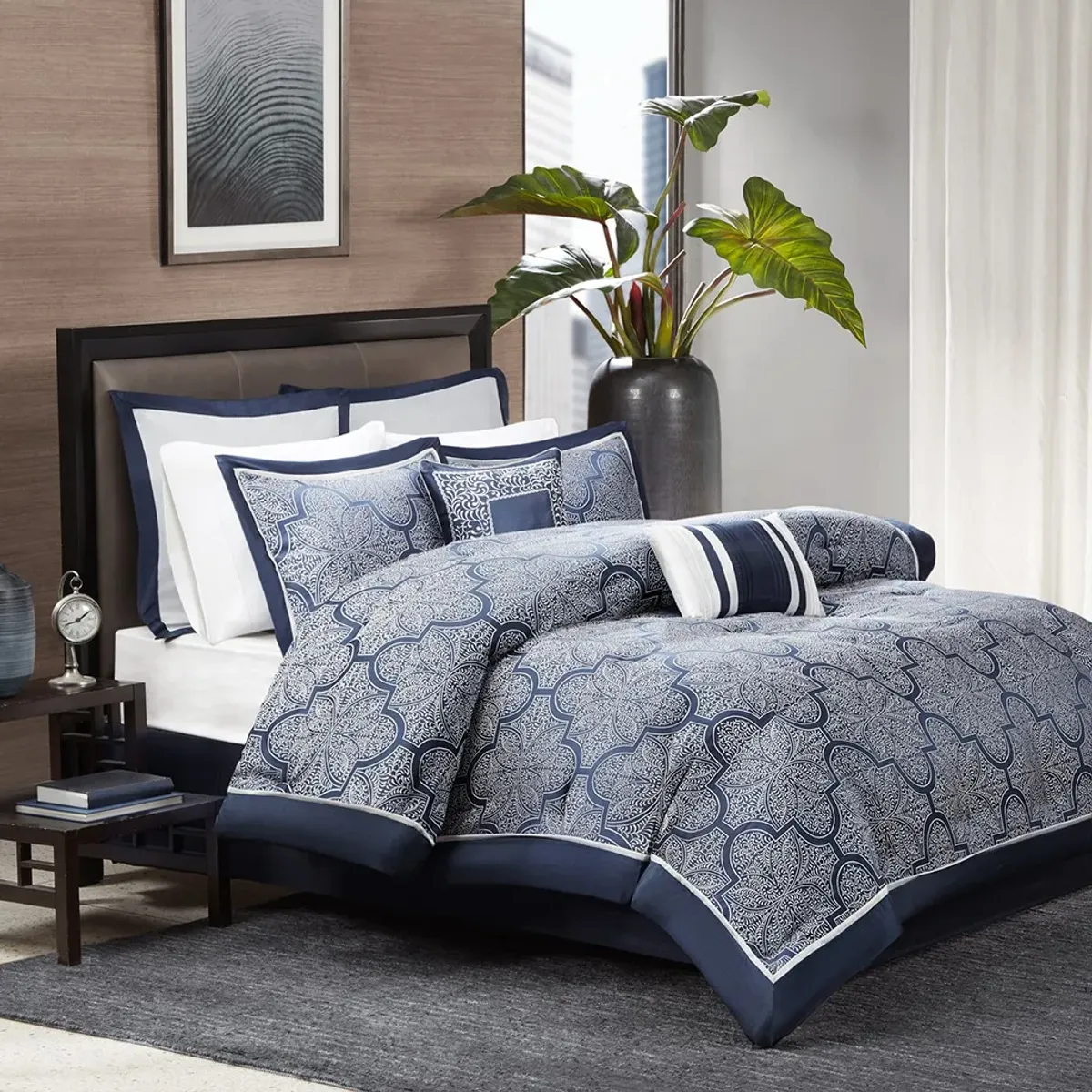 Olliix by Madison Park Medina 8 Piece Navy Queen Jacquard Comforter Set