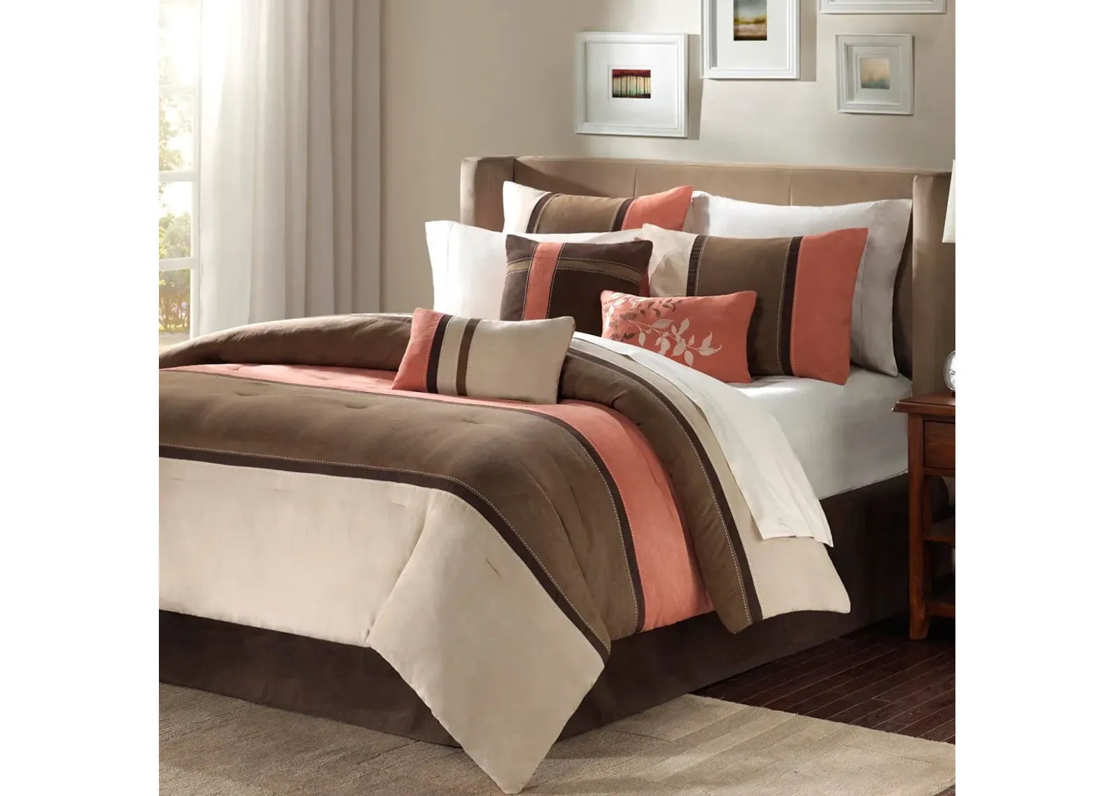 Olliix by Madison Park 7 Piece Coral Queen Palisades Faux Suede Comforter Set