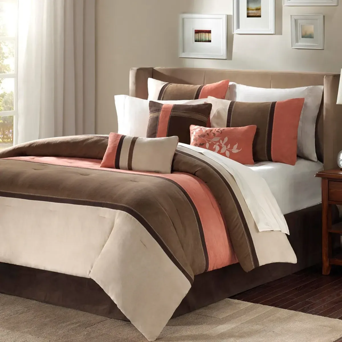 Olliix by Madison Park 7 Piece Coral Queen Palisades Faux Suede Comforter Set