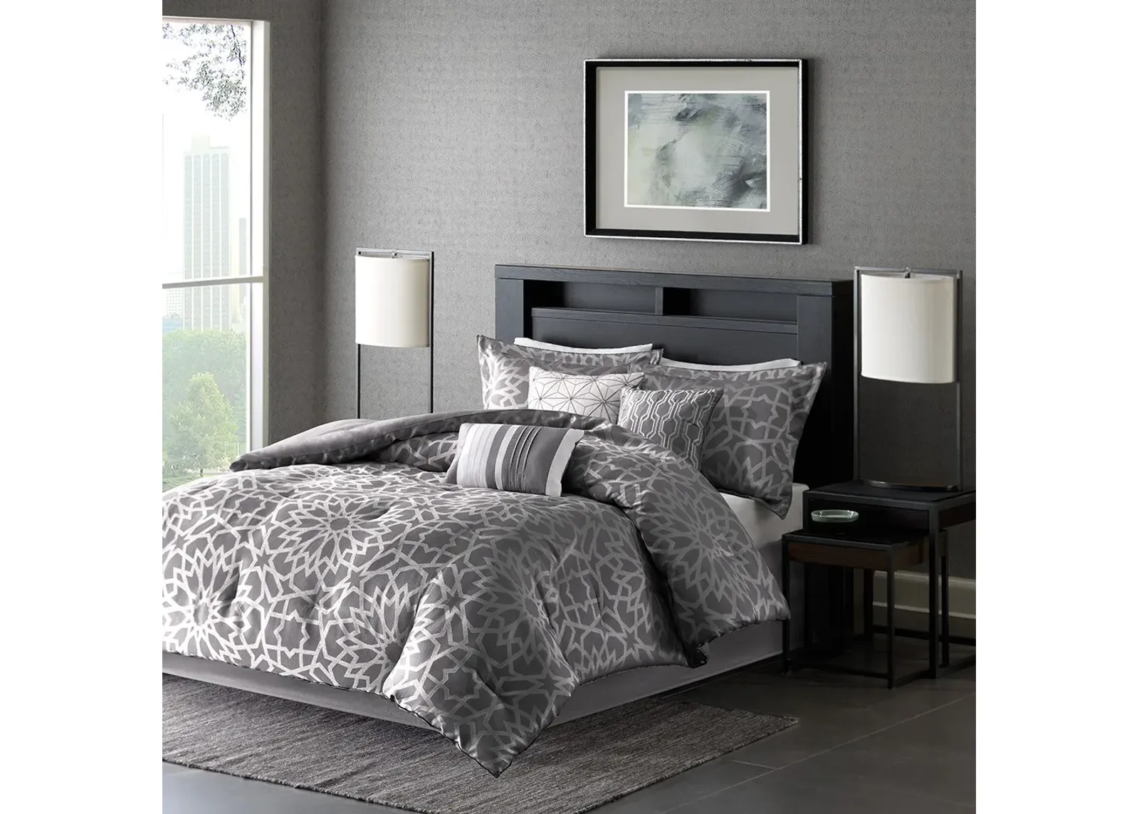 Olliix by Madison Park 7 Piece Grey Queen Carlow Comforter Set