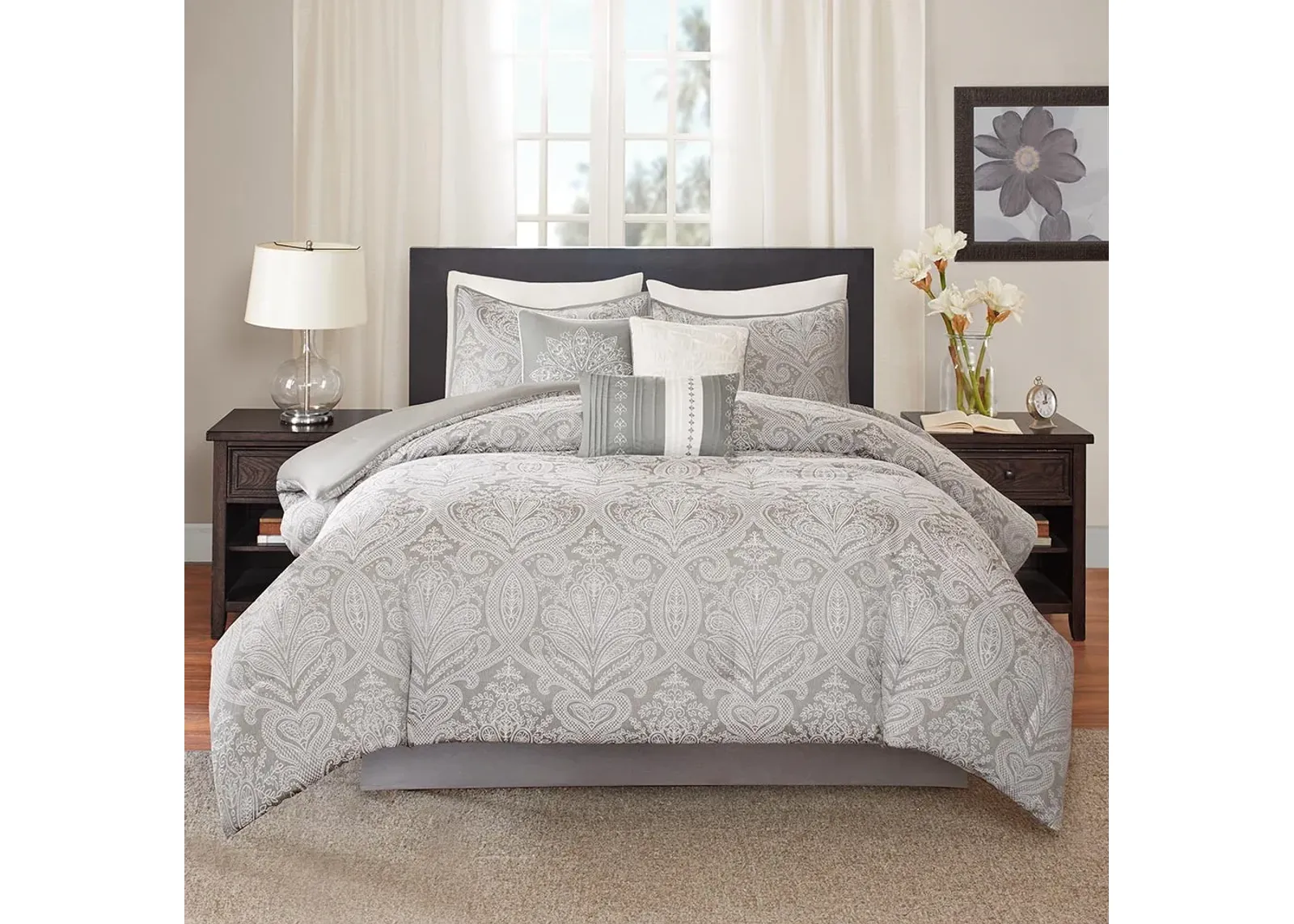 Olliix by Madison Park 7 Piece Grey Queen Averly Comforter Set