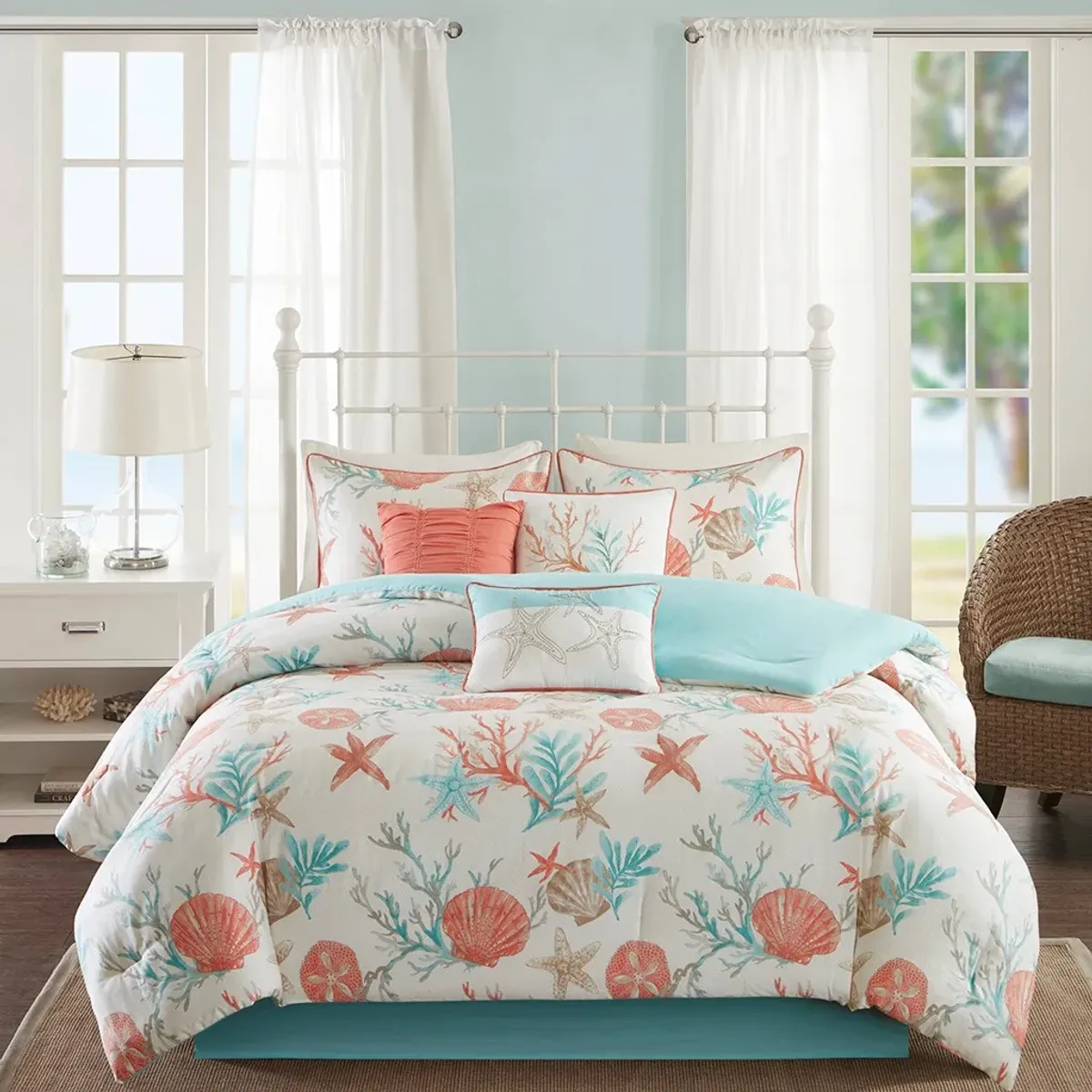 Olliix by Madison Park 7 Piece Coral Queen Pebble Beach Comforter Set