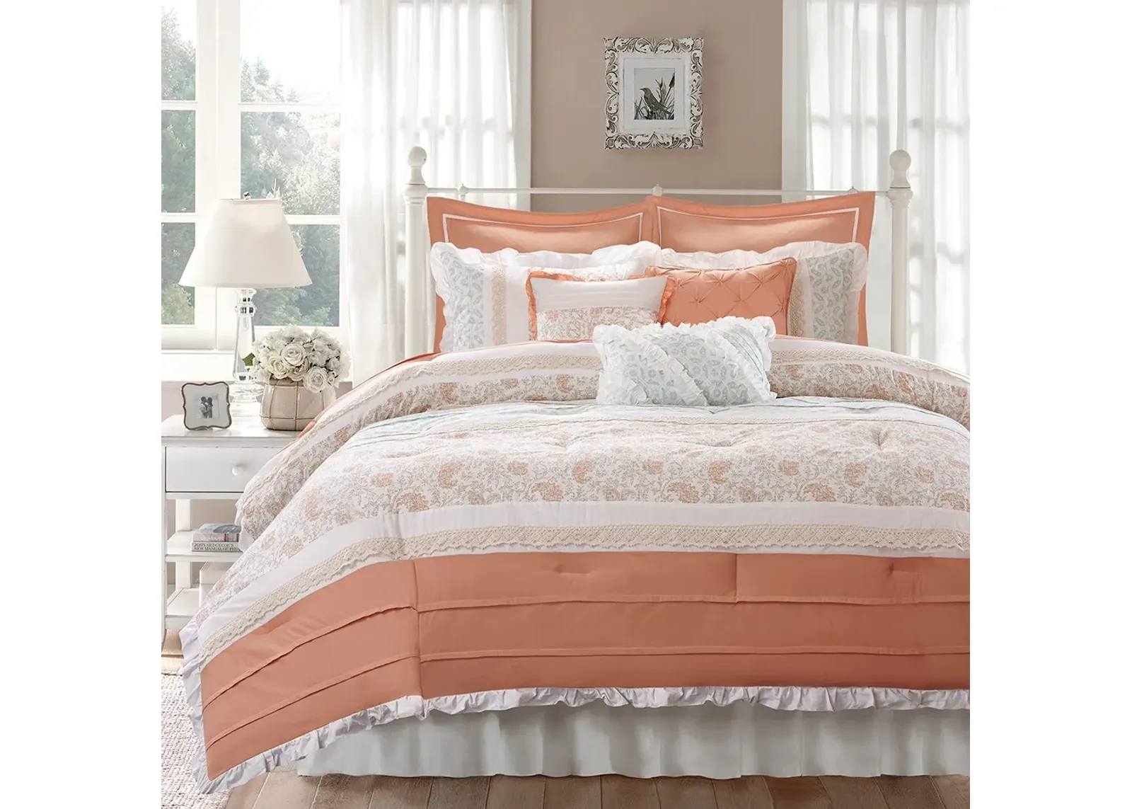 Olliix by Madison Park 9 Piece Coral Queen Dawn Cotton Percale Comforter Set