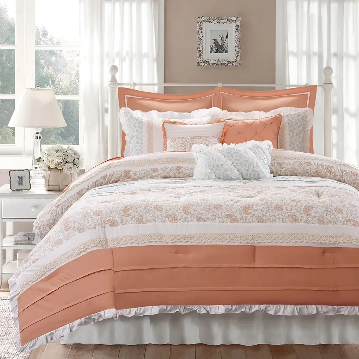 Olliix by Madison Park 9 Piece Coral Queen Dawn Cotton Percale Comforter Set