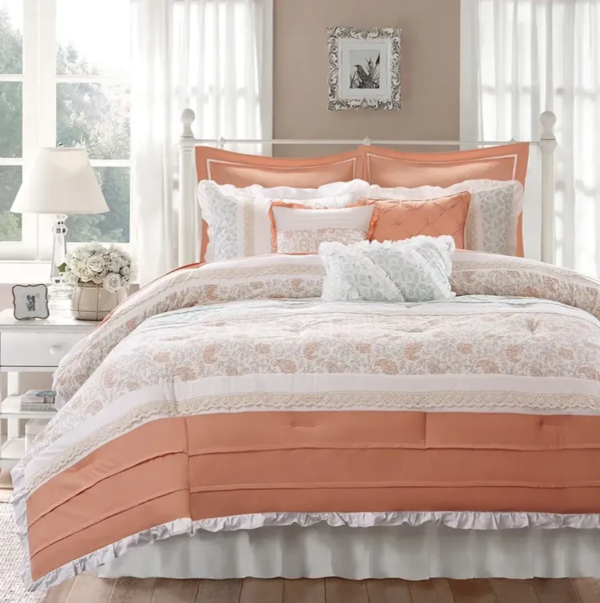 Olliix by Madison Park 9 Piece Coral King Dawn Cotton Percale Comforter Set