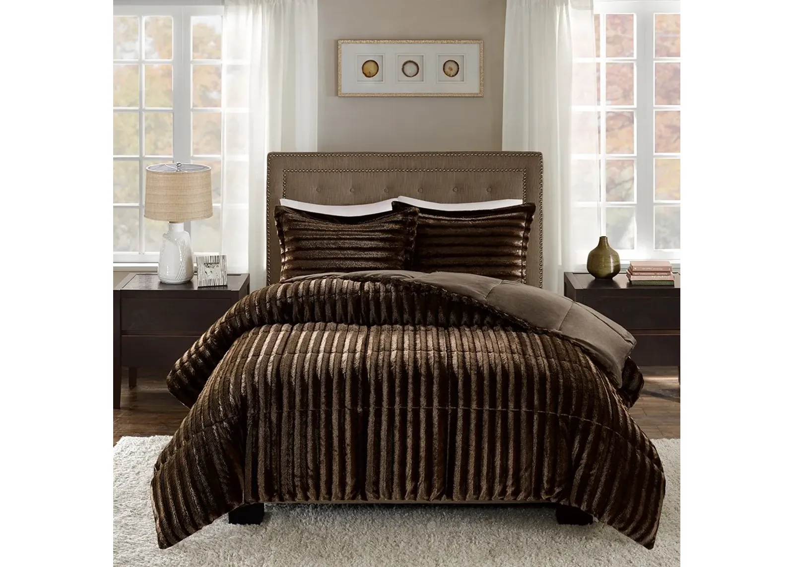 Olliix by Madison Park Duke Chocolate Full/Queen Faux Fur Comforter Mini Set