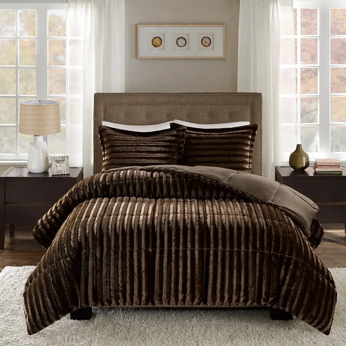 Olliix by Madison Park Duke Chocolate Full/Queen Faux Fur Comforter Mini Set