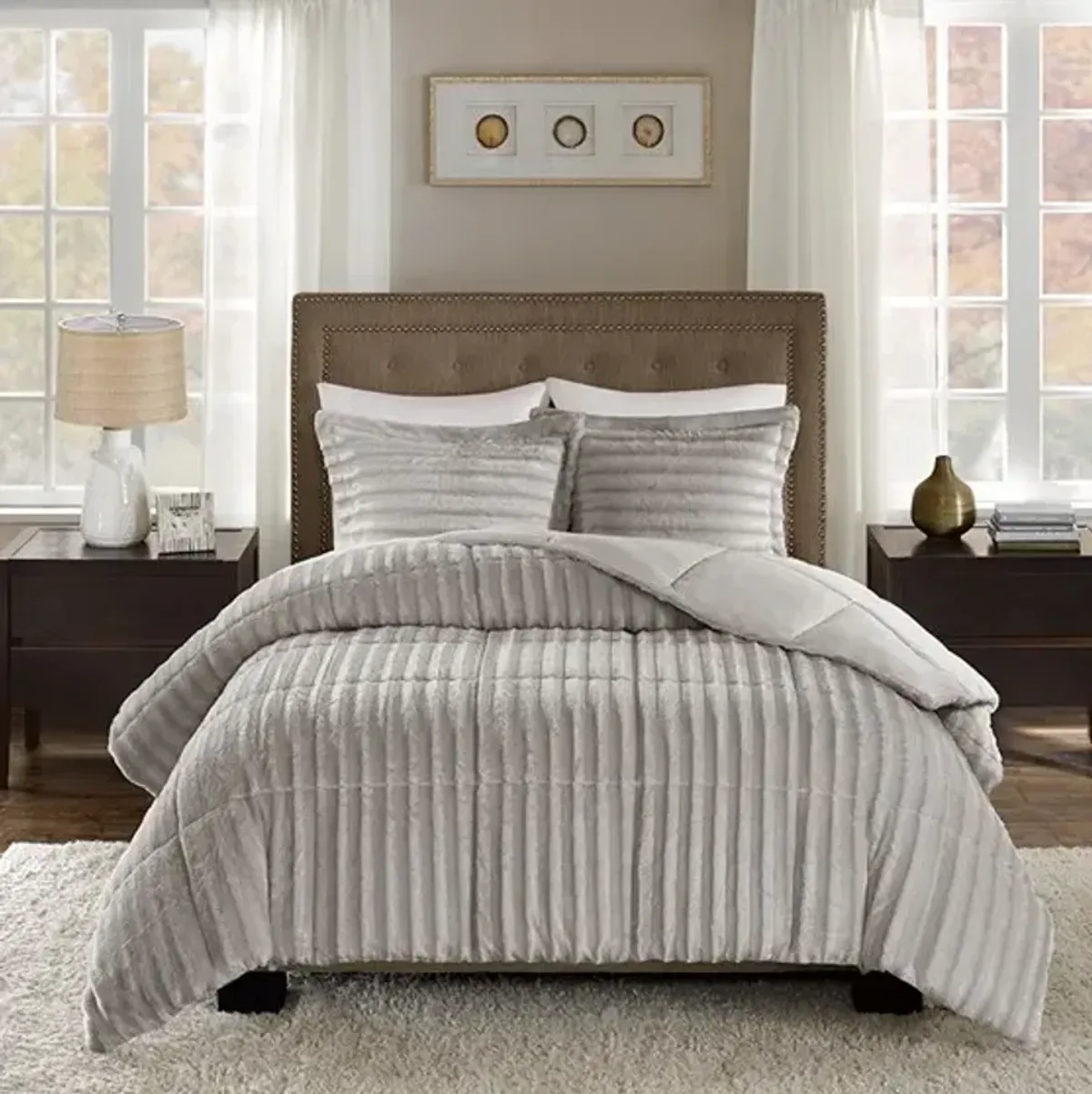 Olliix by Madison Park Duke Grey Full/Queen Faux Fur Comforter Mini Set