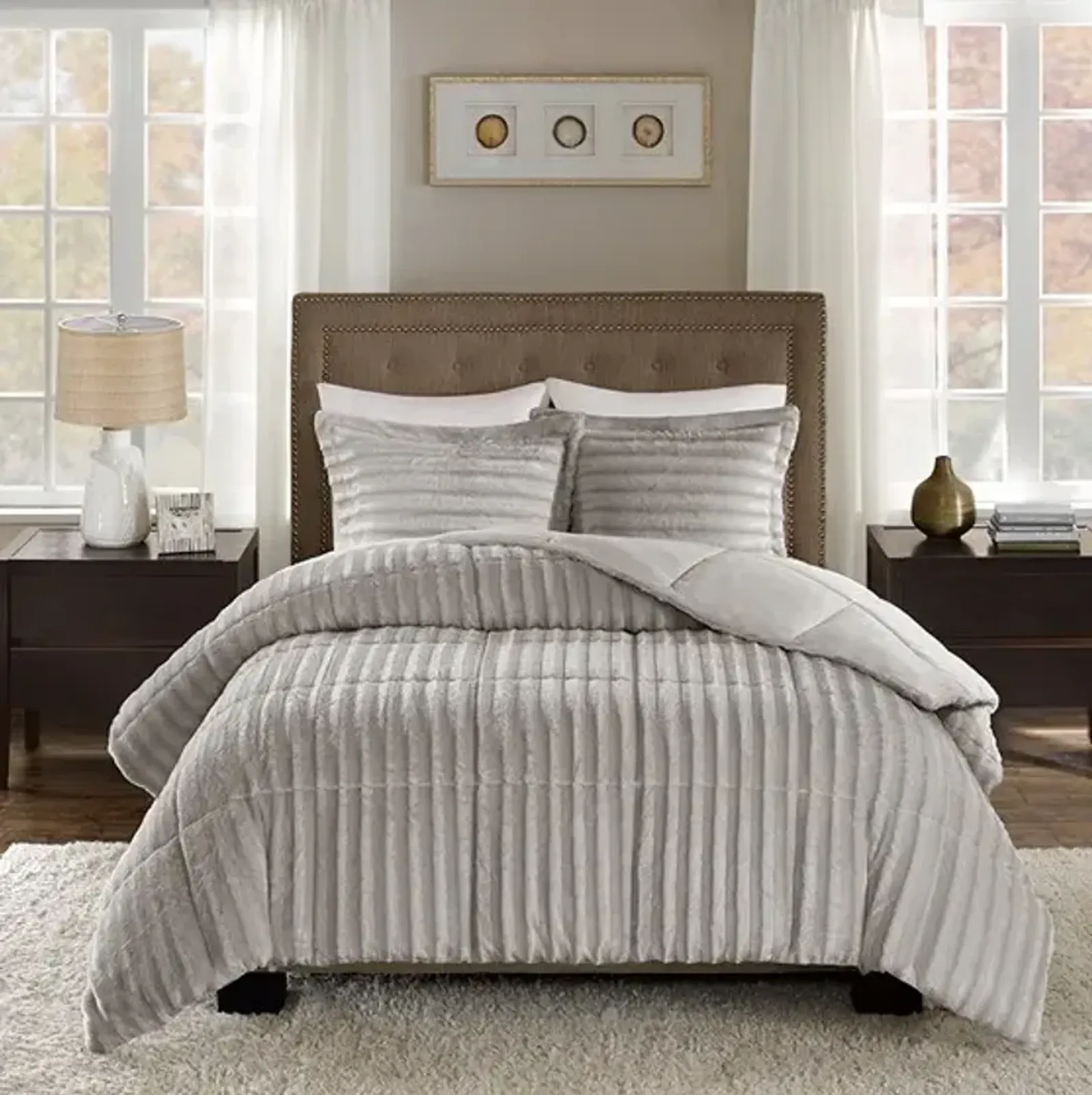 Olliix by Madison Park Duke Grey King/California King Faux Fur Comforter Mini Set