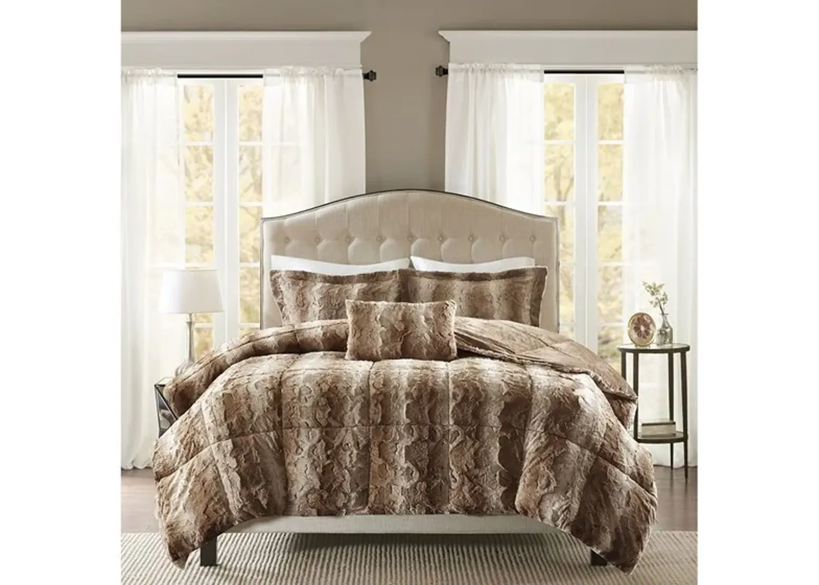 Olliix by Madison Park Zuri Tan Full/Queen Faux Fur Comforter Set