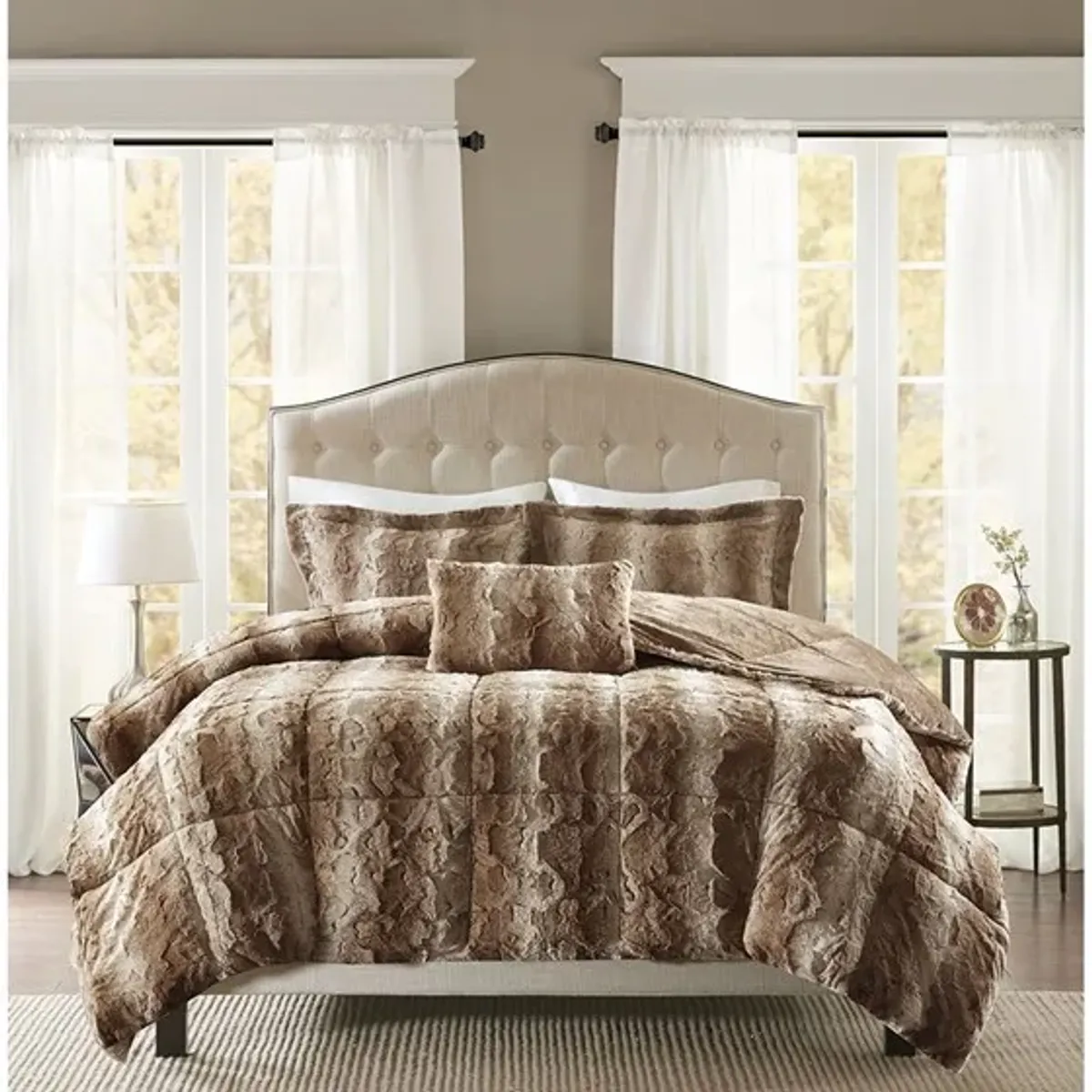 Olliix by Madison Park Zuri Tan Full/Queen Faux Fur Comforter Set