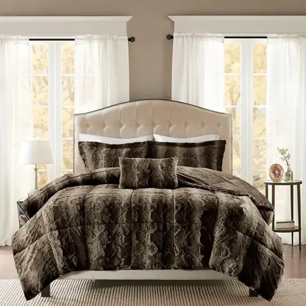 Olliix by Madison Park Zuri Chocolate Full/Queen Faux Fur Comforter Set