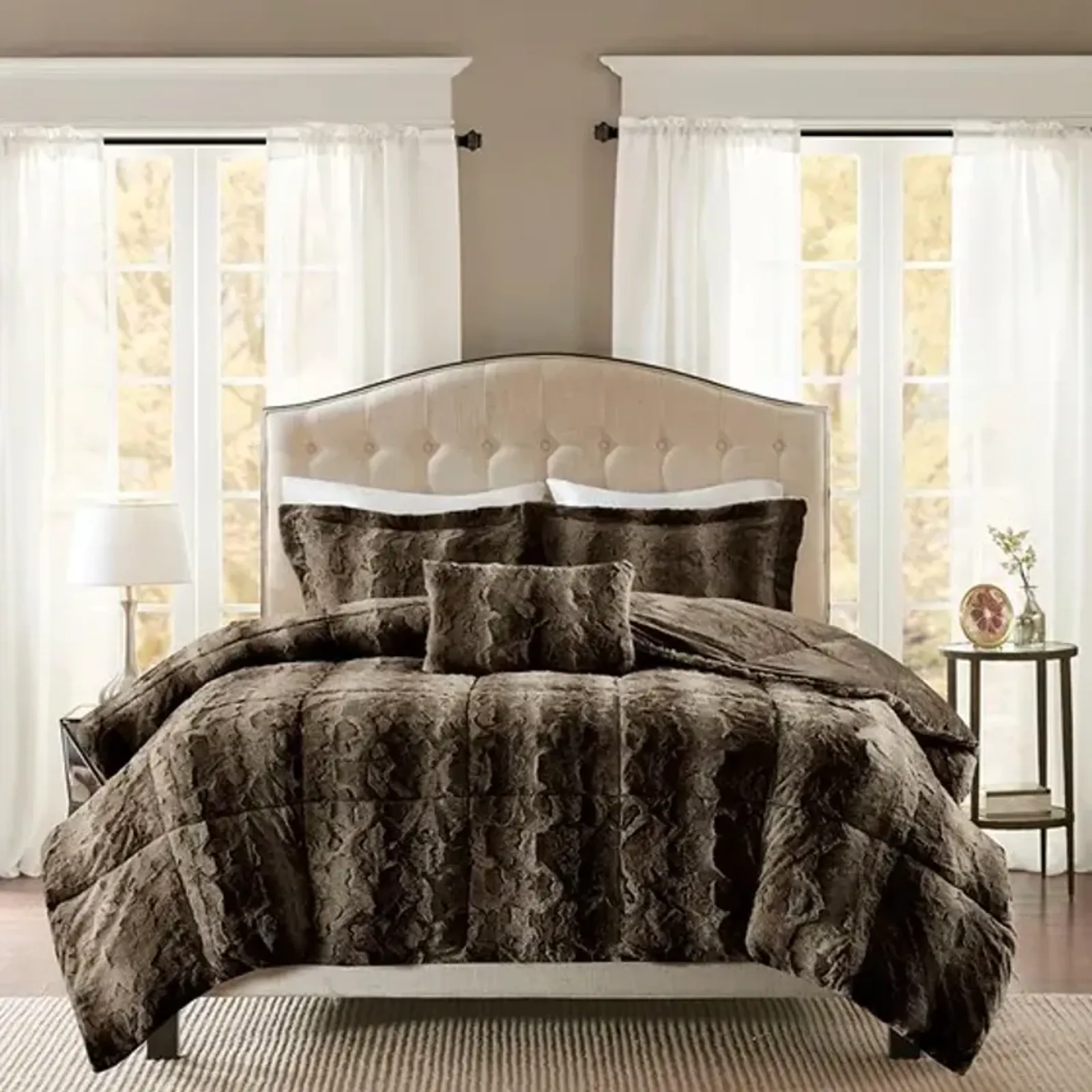 Olliix by Madison Park Zuri Chocolate King Faux Fur Comforter Set