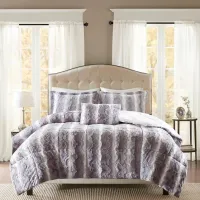 Olliix by Madison Park Zuri Grey Full/Queen Polyester Print Brushed Faux Fur Comforter Set