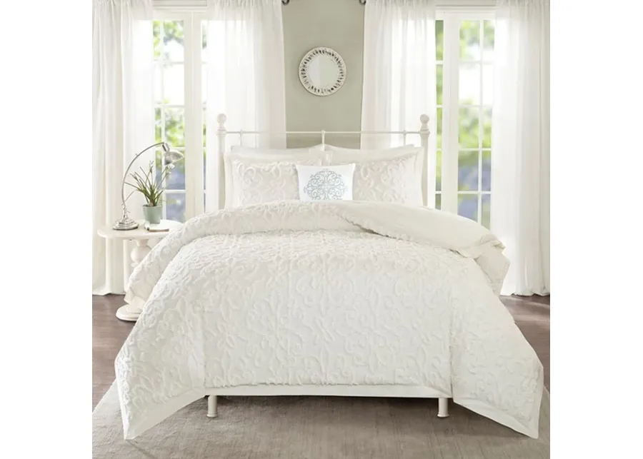 Olliix by Madison Park White Full/Queen Sabrina 4 Piece Tufted Chenille Comforter Set