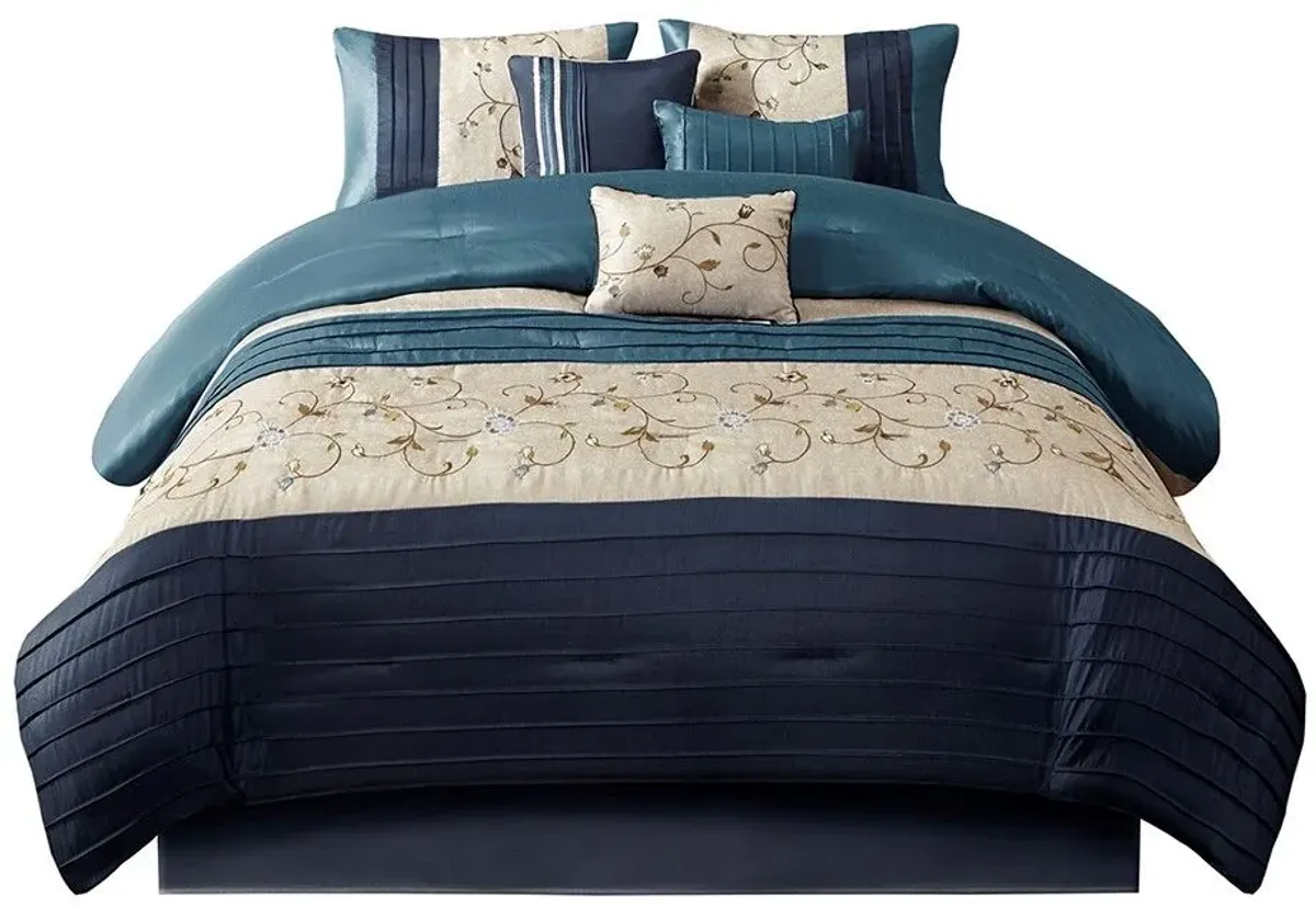 Olliix by Madison Park Serene 7 Piece Navy Queen Embroidered Comforter Set