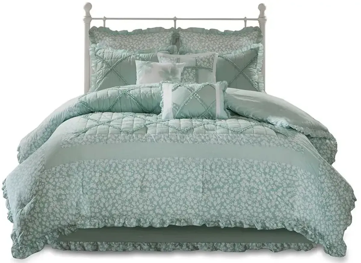 Olliix by Madison Park 9 Piece Seafoam California King Mindy Cotton Percale Comforter Set