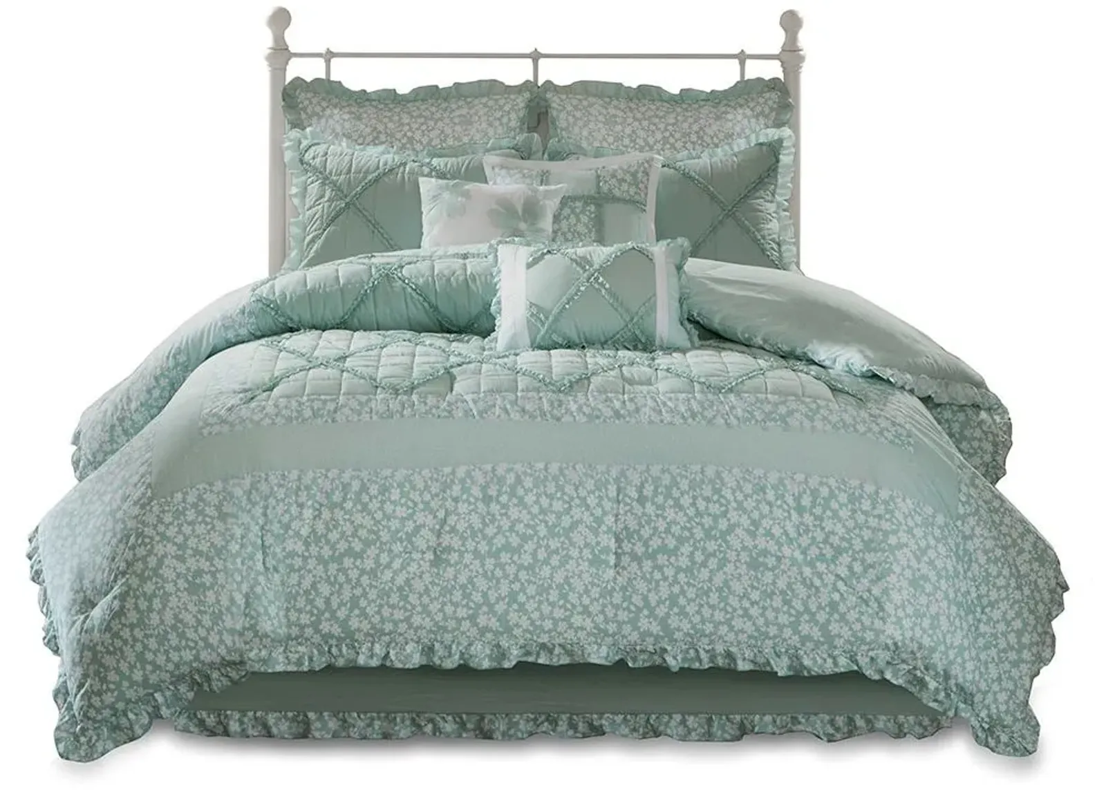 Olliix by Madison Park 9 Piece Seafoam California King Mindy Cotton Percale Comforter Set