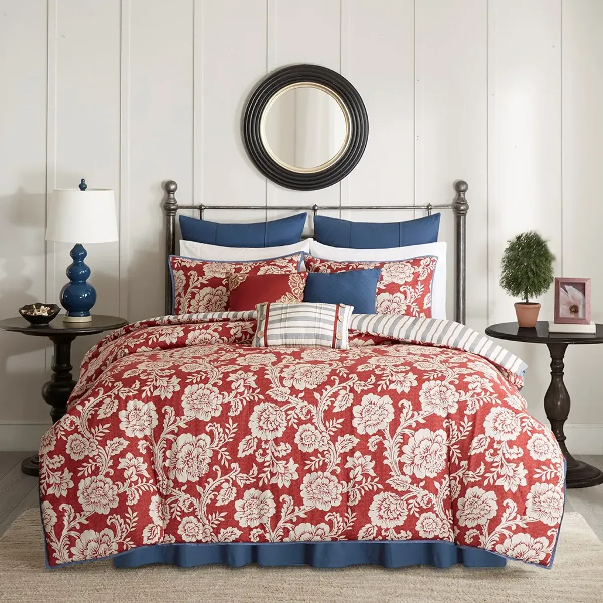 Olliix by Madison Park 9 Piece Red Queen Lucy Cotton Twill Reversible Comforter Set