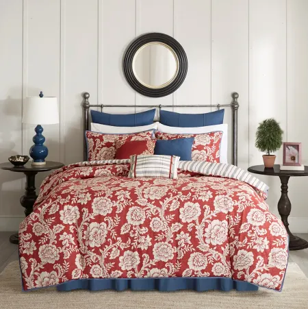 Olliix by Madison Park 9 Piece Red King Lucy Cotton Twill Reversible Comforter Set