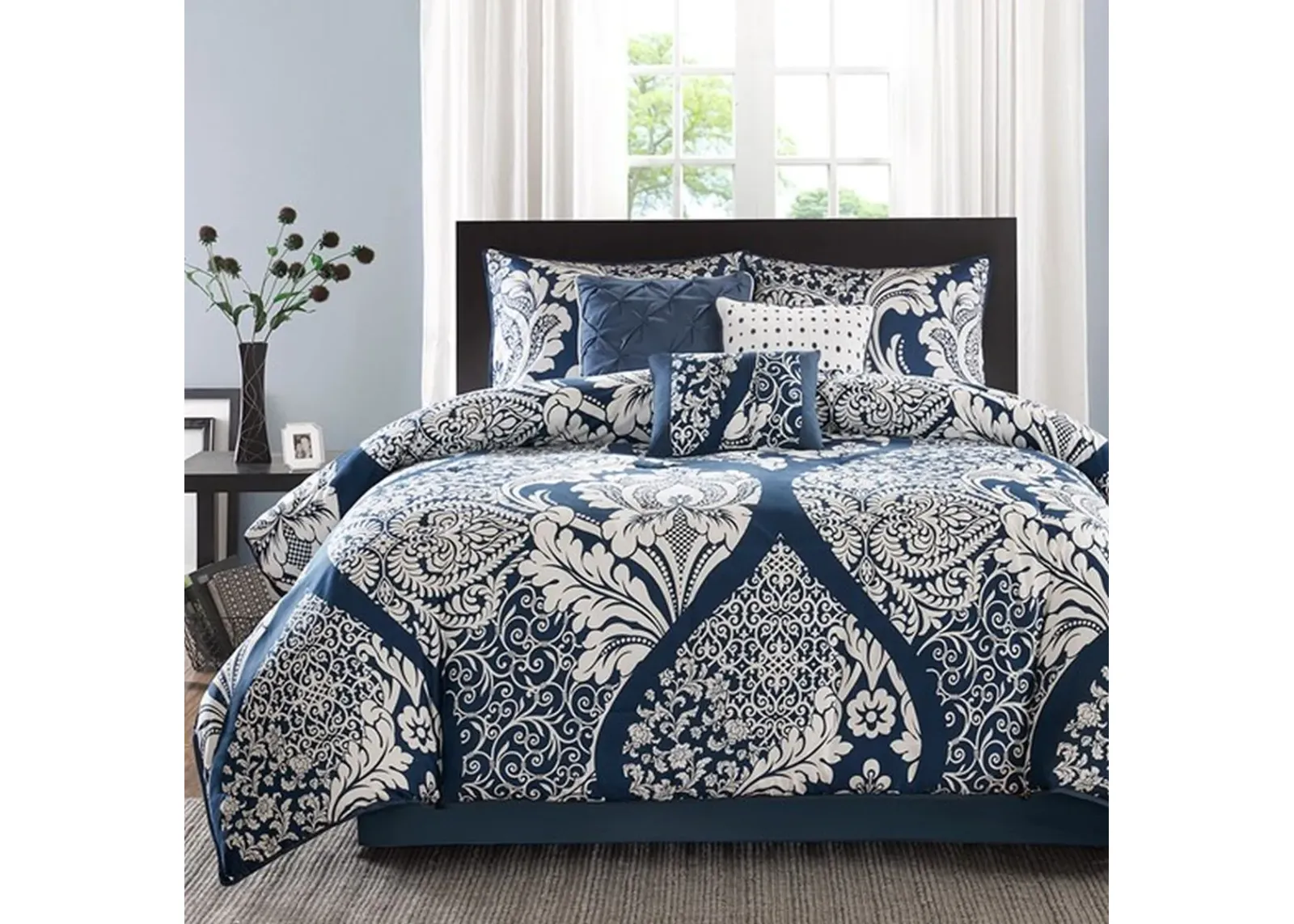 Olliix by Madison Park Indigo Queen Vienna 7 Piece Cotton Printed Comforter Set