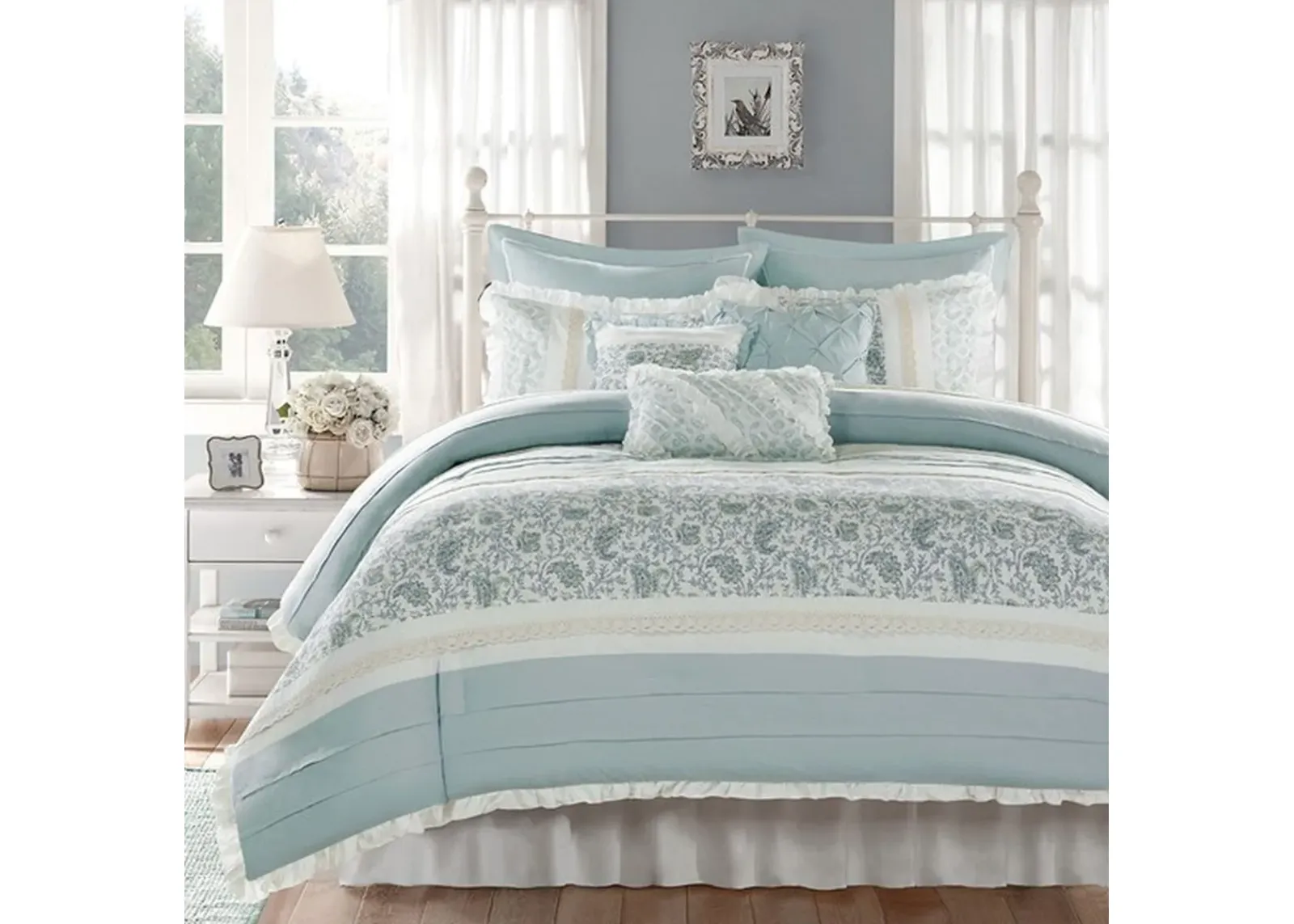 Olliix by Madison Park Blue Queen Dawn 9 Piece Cotton Percale Comforter Set