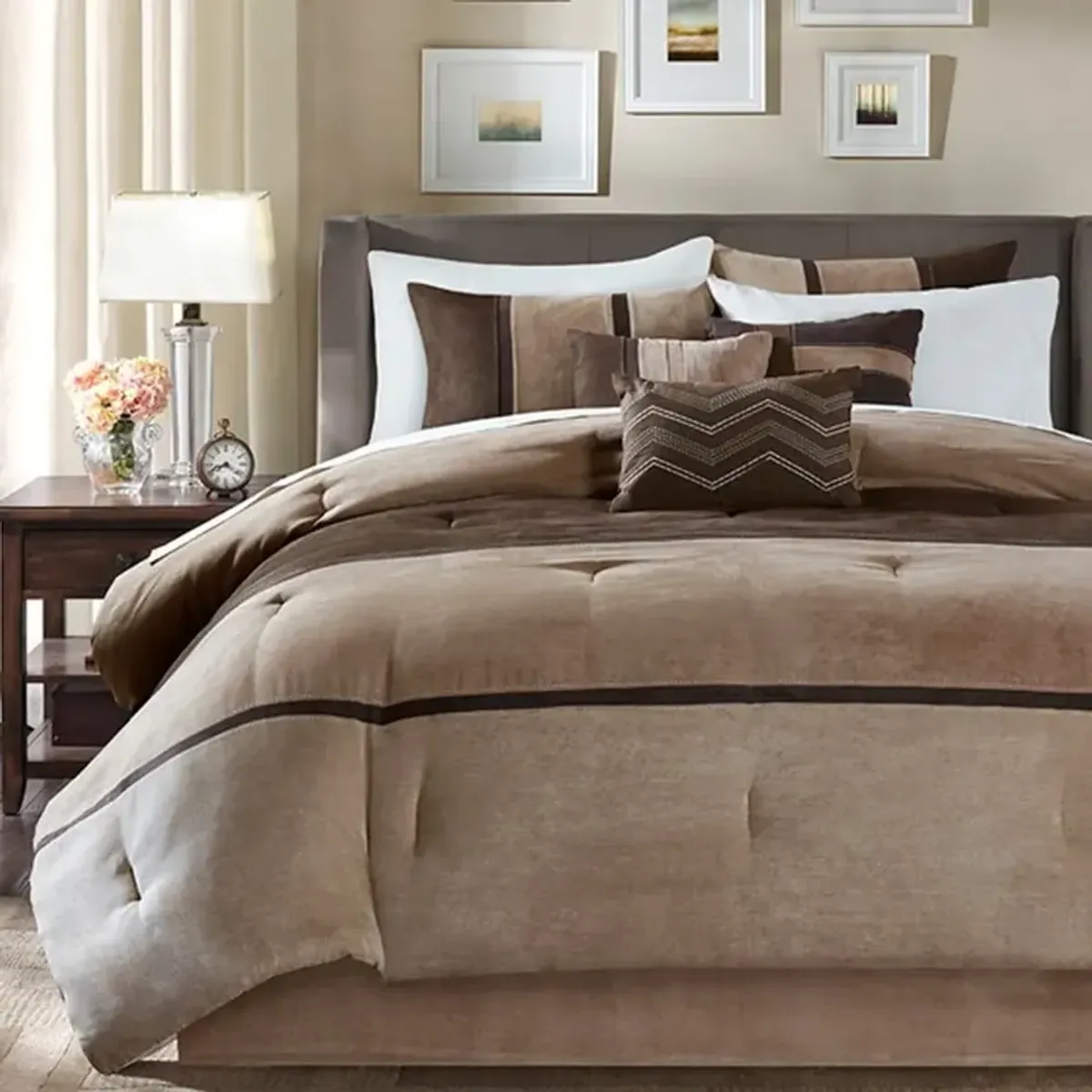 Olliix by Madison Park Brown King Palisades 7 Piece Faux Suede Comforter Set