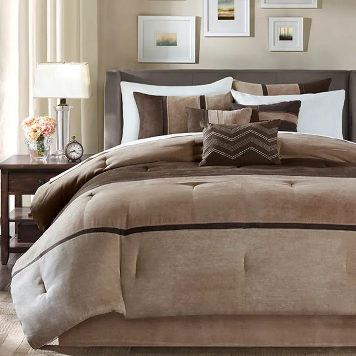 Olliix by Madison Park Brown King Palisades 7 Piece Faux Suede Comforter Set